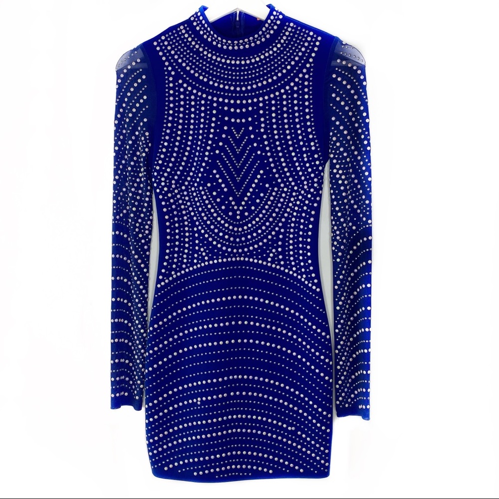 Banjul Royal Blue Silver Long Mesh Sleeve Dress S